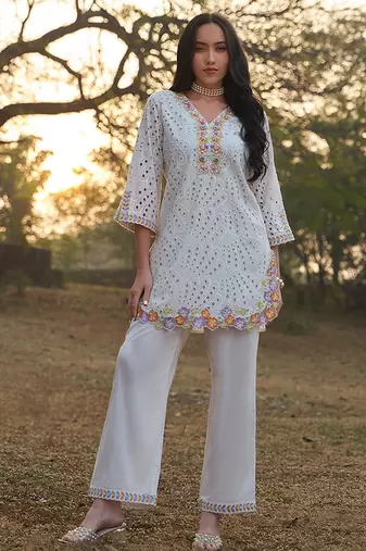 White schiffli embroidered pure cotton straight pant kurta set