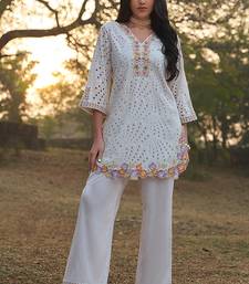 White schiffli embroidered pure cotton straight pant kurta set