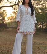 White schiffli embroidered pure cotton straight pant kurta set