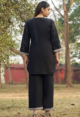 Black schiffli embroidered pure cotton straight pant kurta set 3