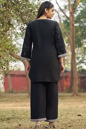 Black schiffli embroidered pure cotton straight pant kurta set