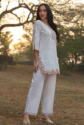 White schiffli embroidered pure cotton straight pant kurta set 2