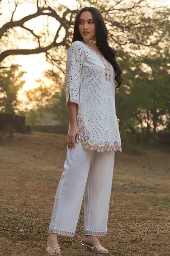White schiffli embroidered pure cotton straight pant kurta set
