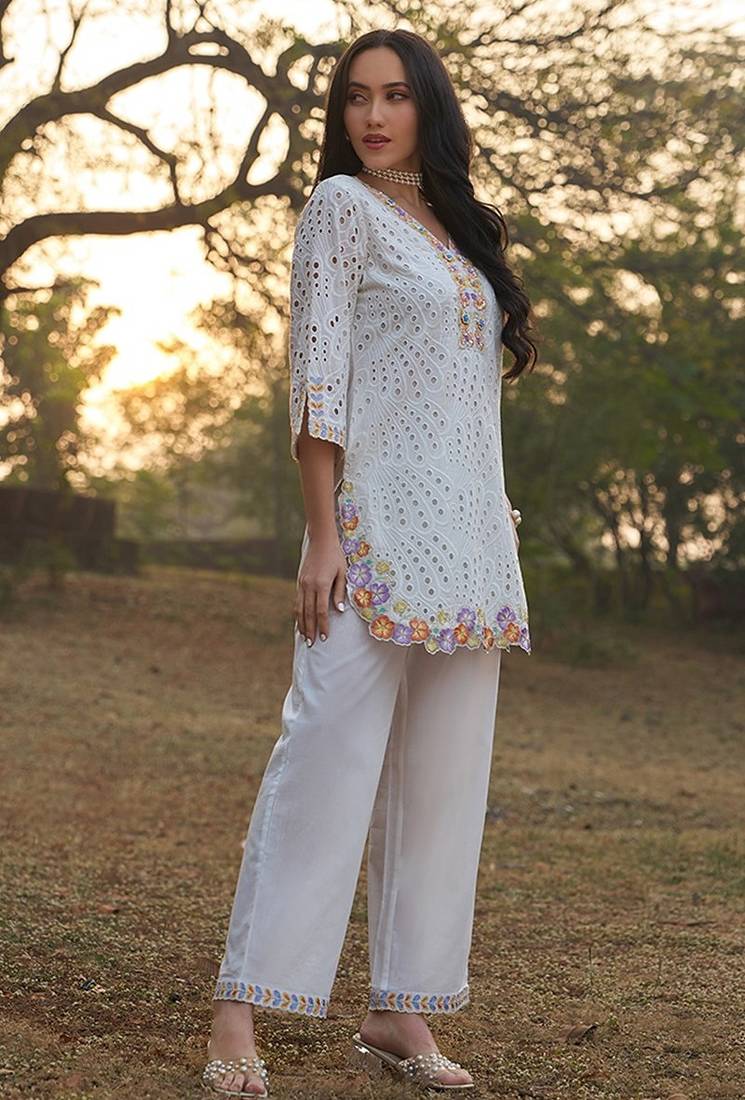 White schiffli embroidered pure cotton straight pant kurta set