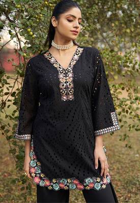 Black schiffli embroidered pure cotton straight pant kurta set 4