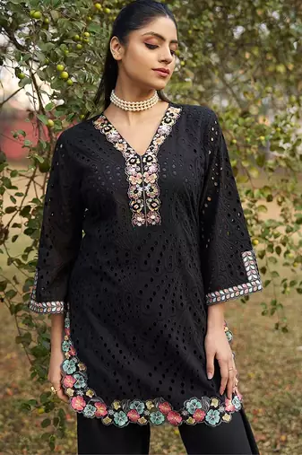 Black schiffli embroidered pure cotton straight pant kurta set