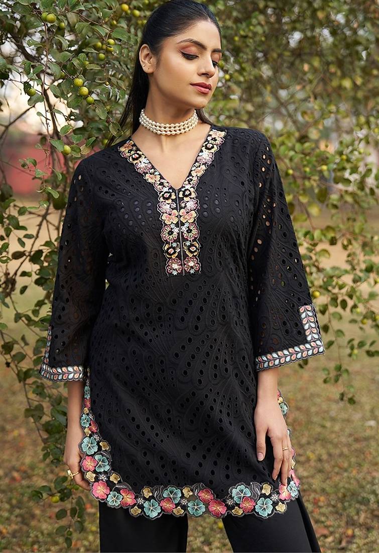 Black schiffli embroidered pure cotton straight pant kurta set