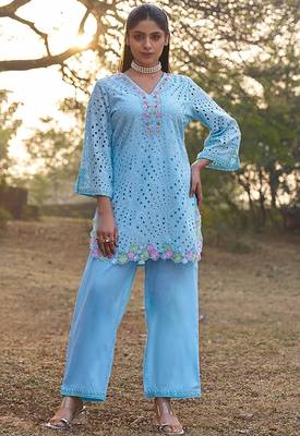 Blue schiffli embroidered pure cotton straight pant kurta set 1