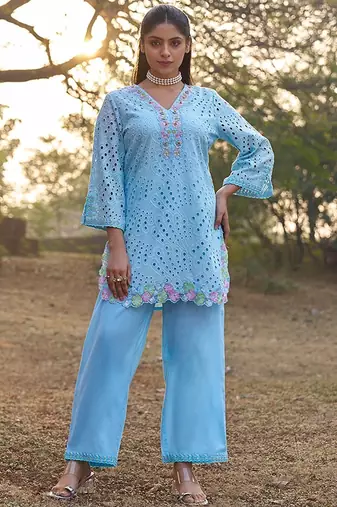 Blue schiffli embroidered pure cotton straight pant kurta set