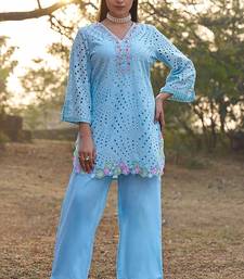 Blue schiffli embroidered pure cotton straight pant kurta set