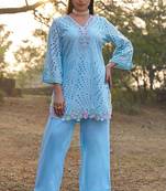 Blue schiffli embroidered pure cotton straight pant kurta set