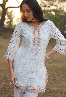 White schiffli embroidered pure cotton straight pant kurta set 3