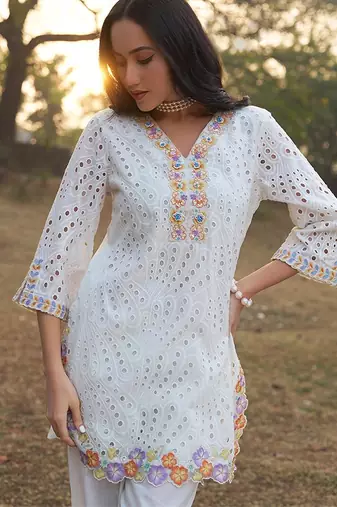 White schiffli embroidered pure cotton straight pant kurta set