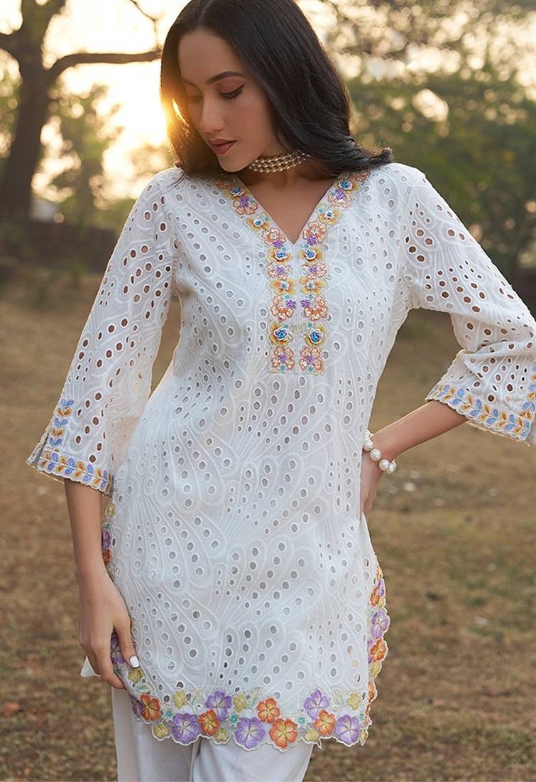 White schiffli embroidered pure cotton straight pant kurta set
