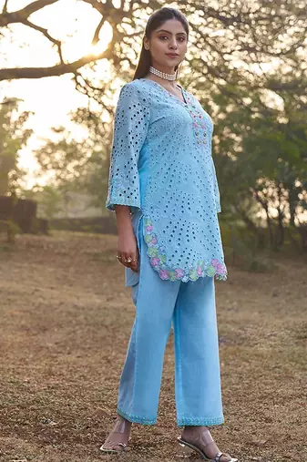 Blue schiffli embroidered pure cotton straight pant kurta set