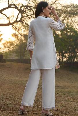 White schiffli embroidered pure cotton straight pant kurta set 4