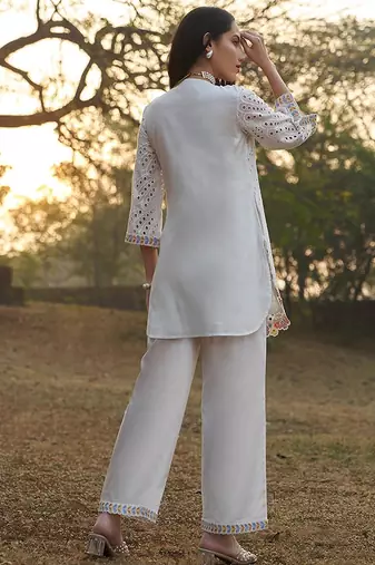 White schiffli embroidered pure cotton straight pant kurta set