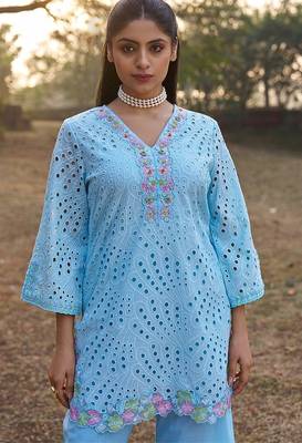 Blue schiffli embroidered pure cotton straight pant kurta set 3