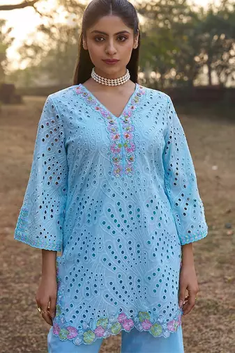 Blue schiffli embroidered pure cotton straight pant kurta set