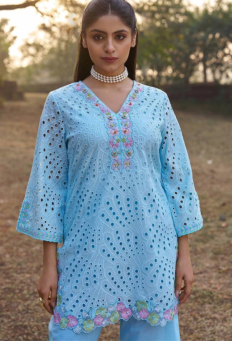 Blue schiffli embroidered pure cotton straight pant kurta set