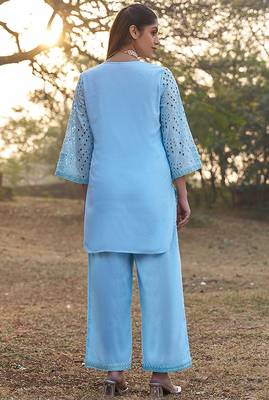 Blue schiffli embroidered pure cotton straight pant kurta set 4