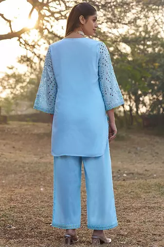 Blue schiffli embroidered pure cotton straight pant kurta set
