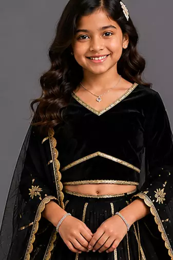 Black gold embroidered cotton silk lehenga set