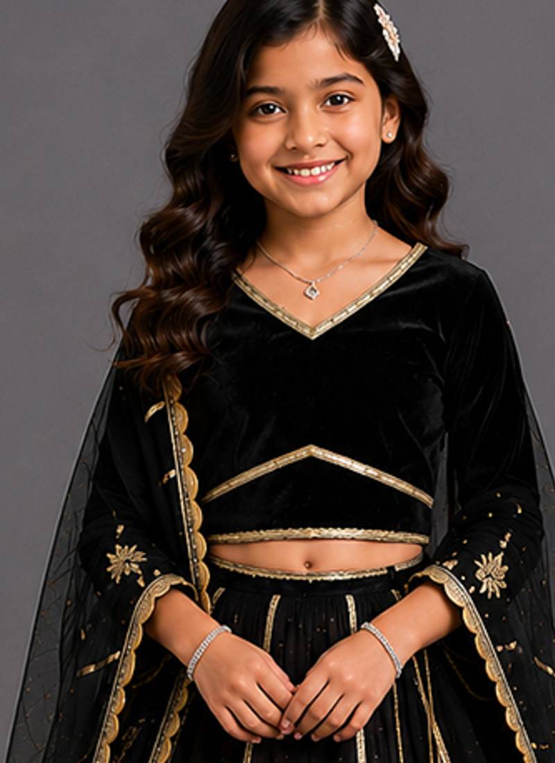 Black gold embroidered cotton silk lehenga set