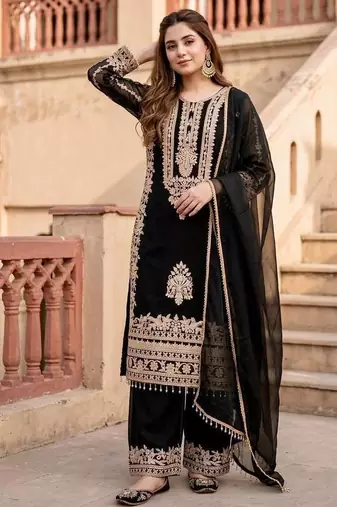 Black Color Embroidery Work  Faux Georgete Salwar Suit