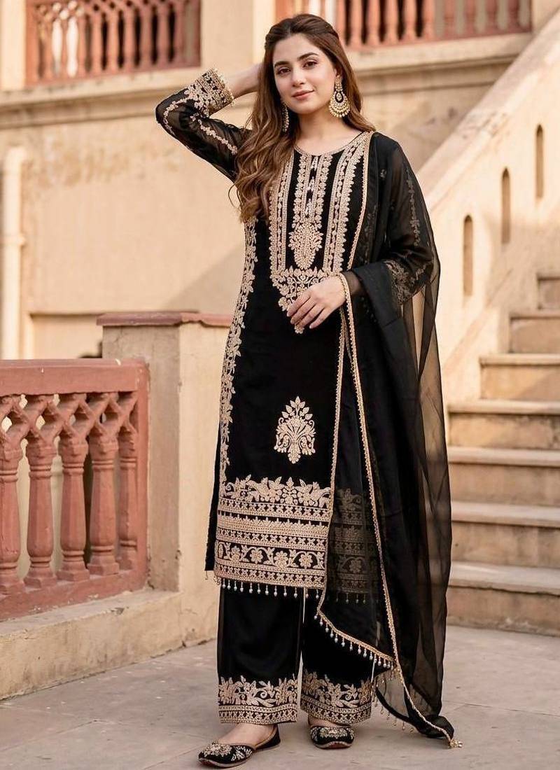Black Color Embroidery Work  Faux Georgete Salwar Suit