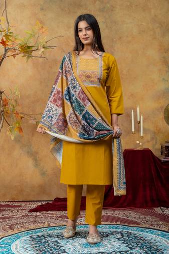 Premium mustard dhabu cotton straight kurti suit set with printed dupatta