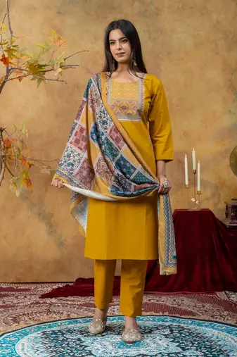 Premium mustard dhabu cotton straight kurti suit set with printed dupatta