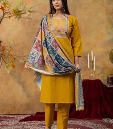 Premium mustard dhabu cotton straight kurti suit set with printed dupatta