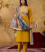 Premium mustard dhabu cotton straight kurti suit set with printed dupatta