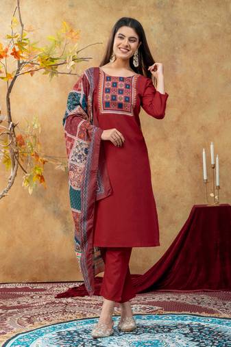  maroon  cotton straight kurti suit set with printed dupatta