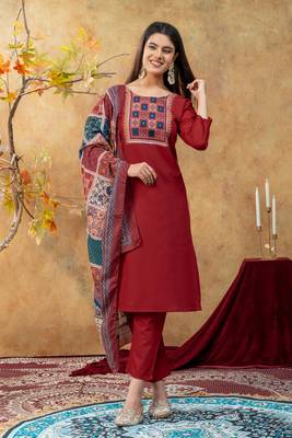  maroon  cotton straight kurti suit set with printed dupatta 1