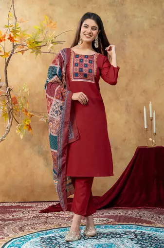  maroon  cotton straight kurti suit set with printed dupatta