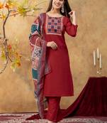  maroon  cotton straight kurti suit set with printed dupatta