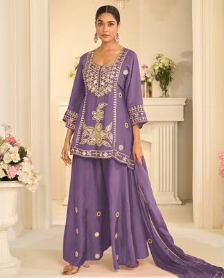 Lavender silk blend readymade suit with mirror & sequence work 1