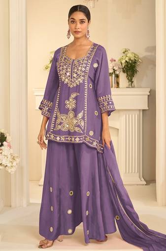 Lavender silk blend readymade suit with mirror & sequence work