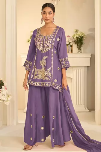 Lavender silk blend readymade suit with mirror & sequence work