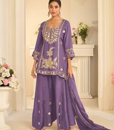 Lavender silk blend readymade suit with mirror & sequence work