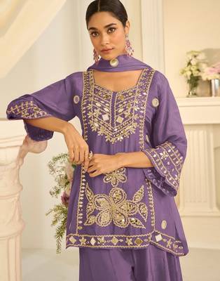 Lavender silk blend readymade suit with mirror & sequence work 2