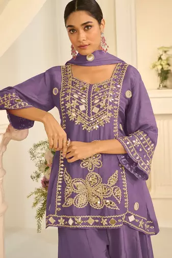 Lavender silk blend readymade suit with mirror & sequence work
