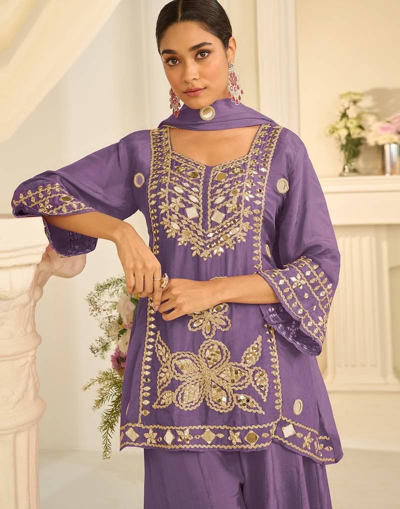 Lavender silk blend readymade suit with mirror & sequence work