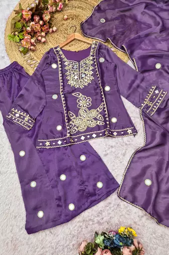 Lavender silk blend readymade suit with mirror & sequence work