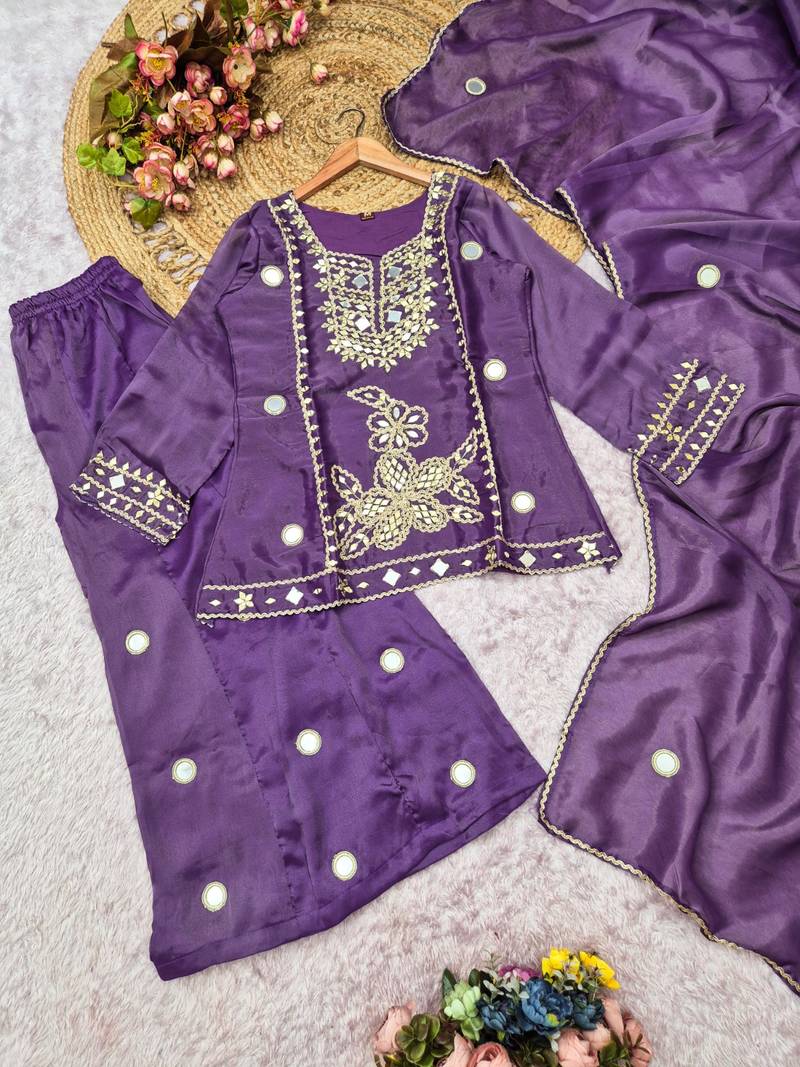 Lavender silk blend readymade suit with mirror & sequence work