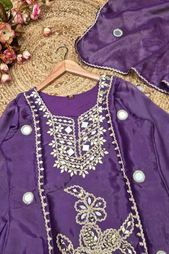 Lavender silk blend readymade suit with mirror & sequence work