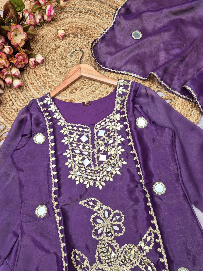 Lavender silk blend readymade suit with mirror & sequence work