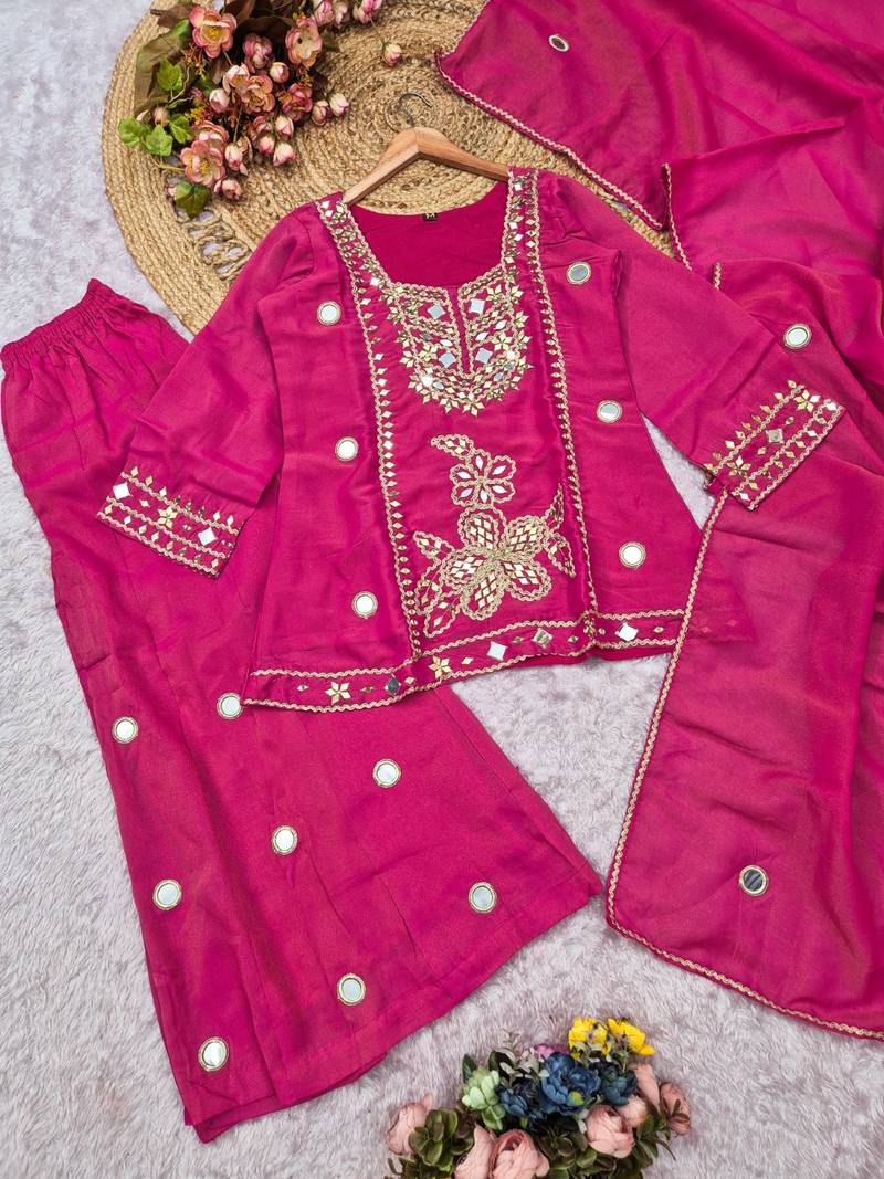 Rani silk blend readymade suit with mirror & sequence work